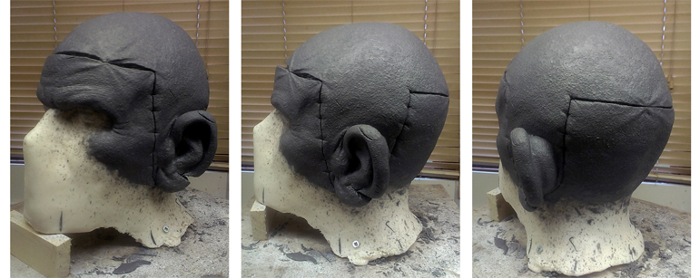 Three views of the head prosthetic sculpt